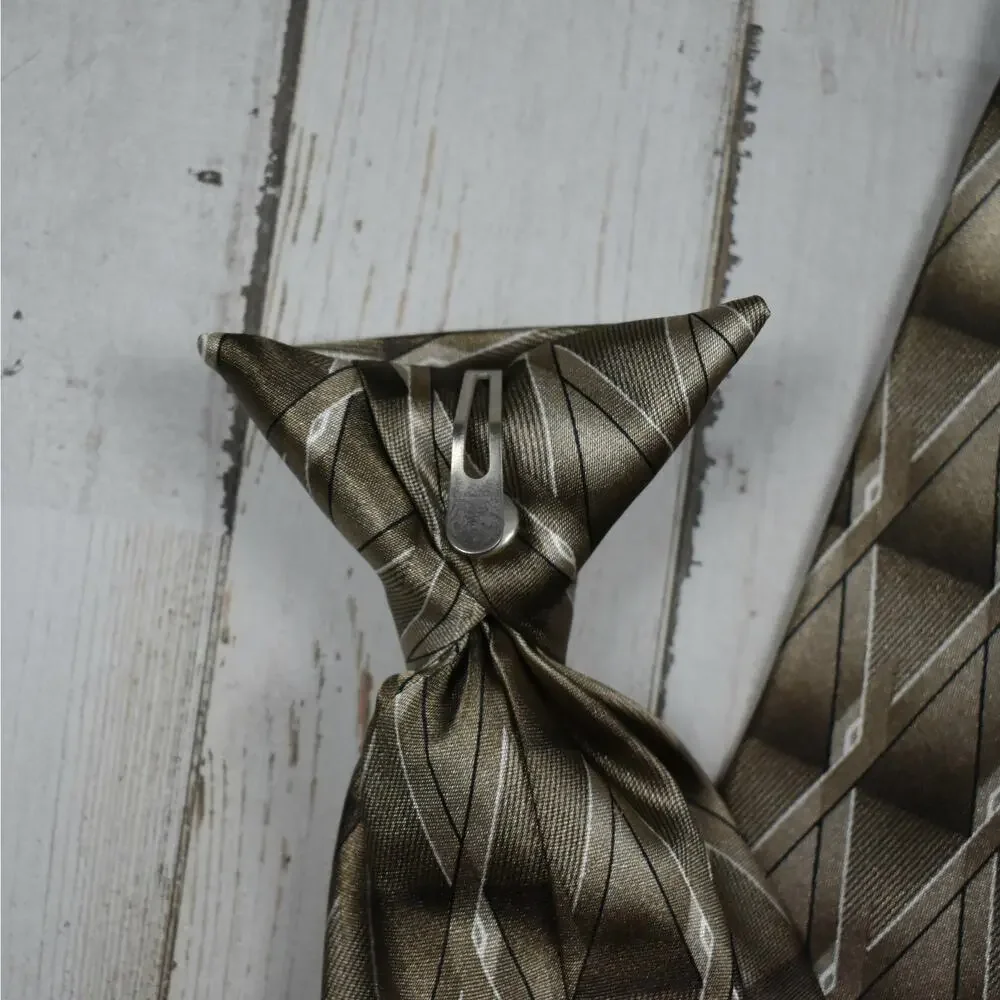 Men's Clip On Neck Tie Dark Beige Diamond Pattern Men's 19